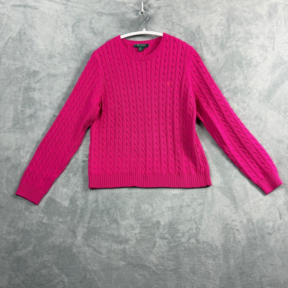 Lauren Ralph Lauren Women L Pink Sweater Cable Knit Cotton Preppy Crewneck